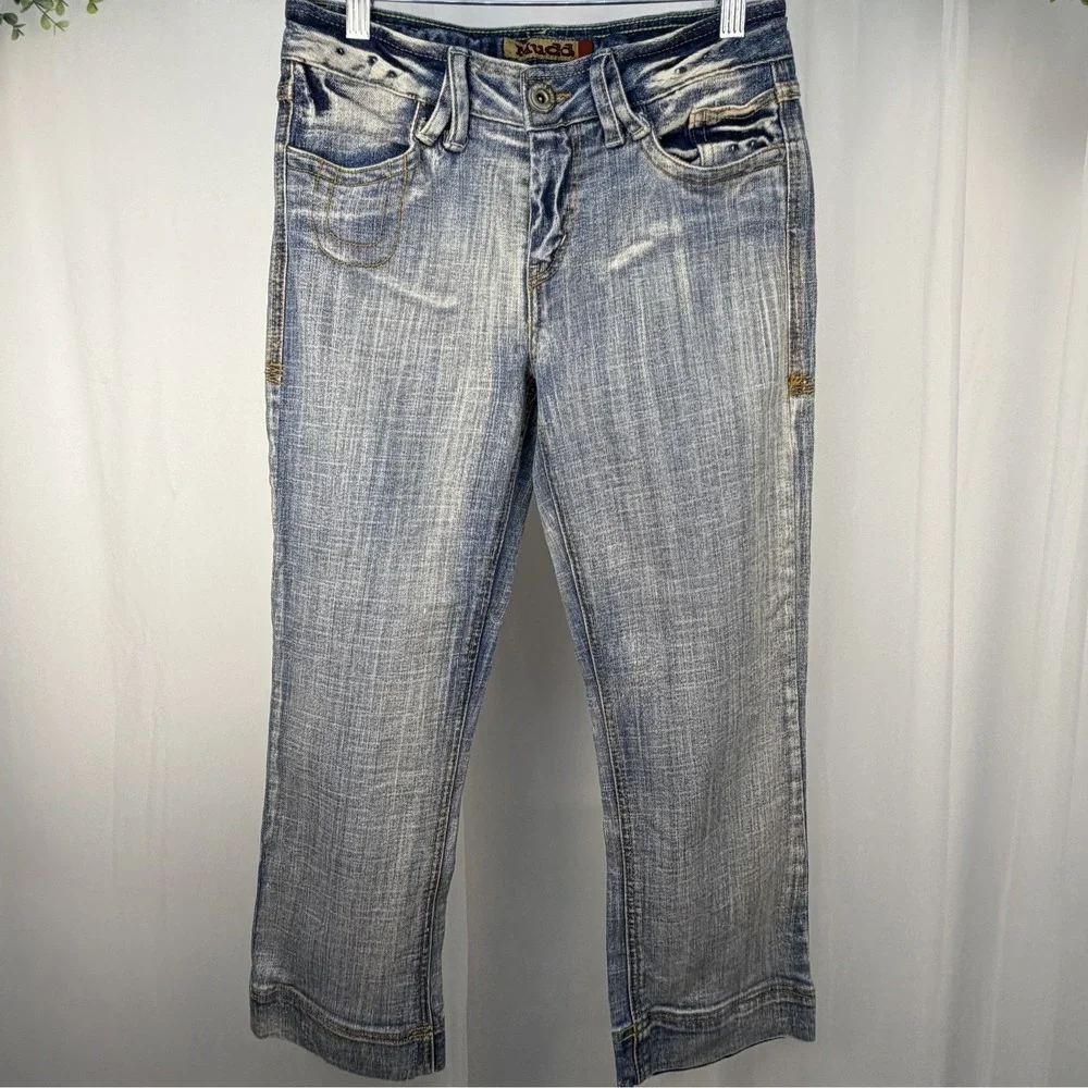 Vintage Mudd Jeans Womens 28x23 Blue Denim 90s Mid Rise Boho Y2K Straight Capri